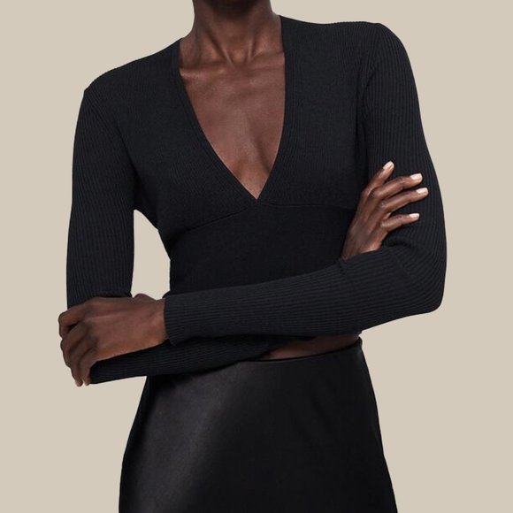 Zara Black Ribbed Long Sleeve V-Neck Crop Top - Picture 6 of 6